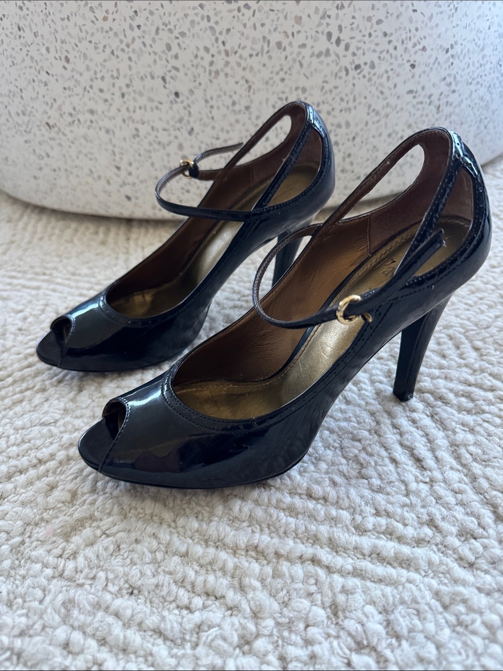Paolo Black Patent Peep-Toe Mary Jane Heels